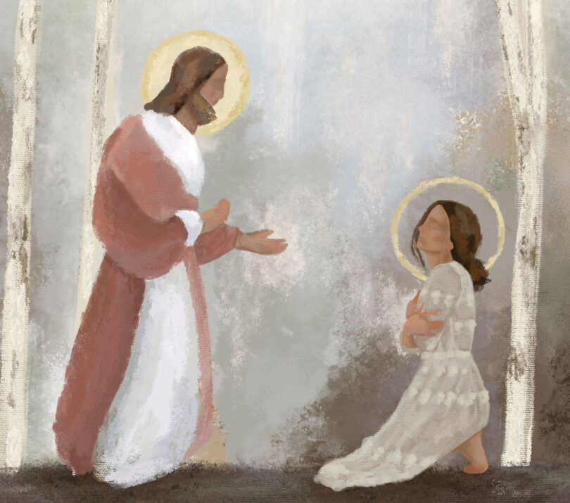 Jesus extending hand to woman on her knees praying needing help